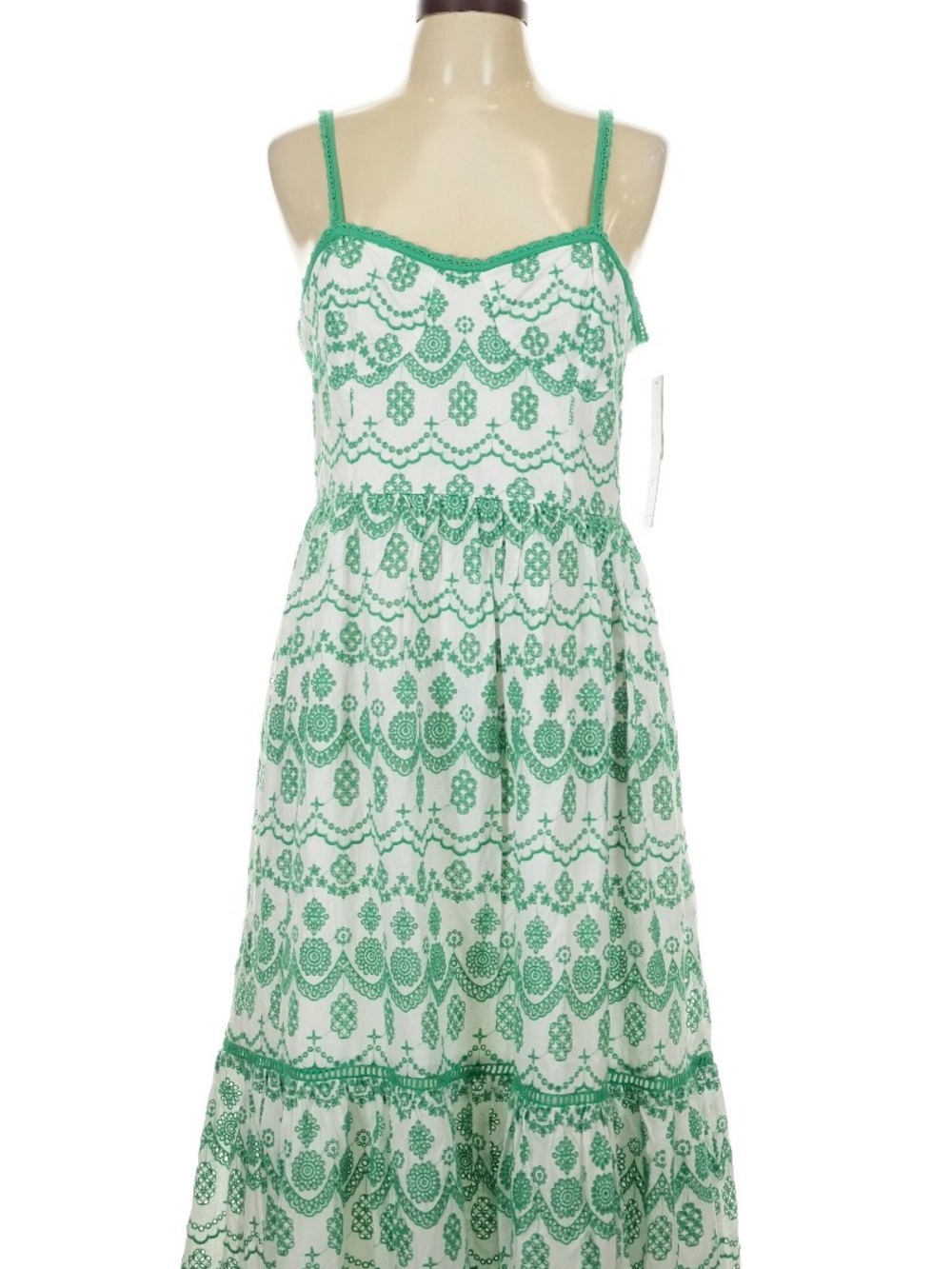 Adrianna Papell White Maxi Dress with Green Embroidered Pattern